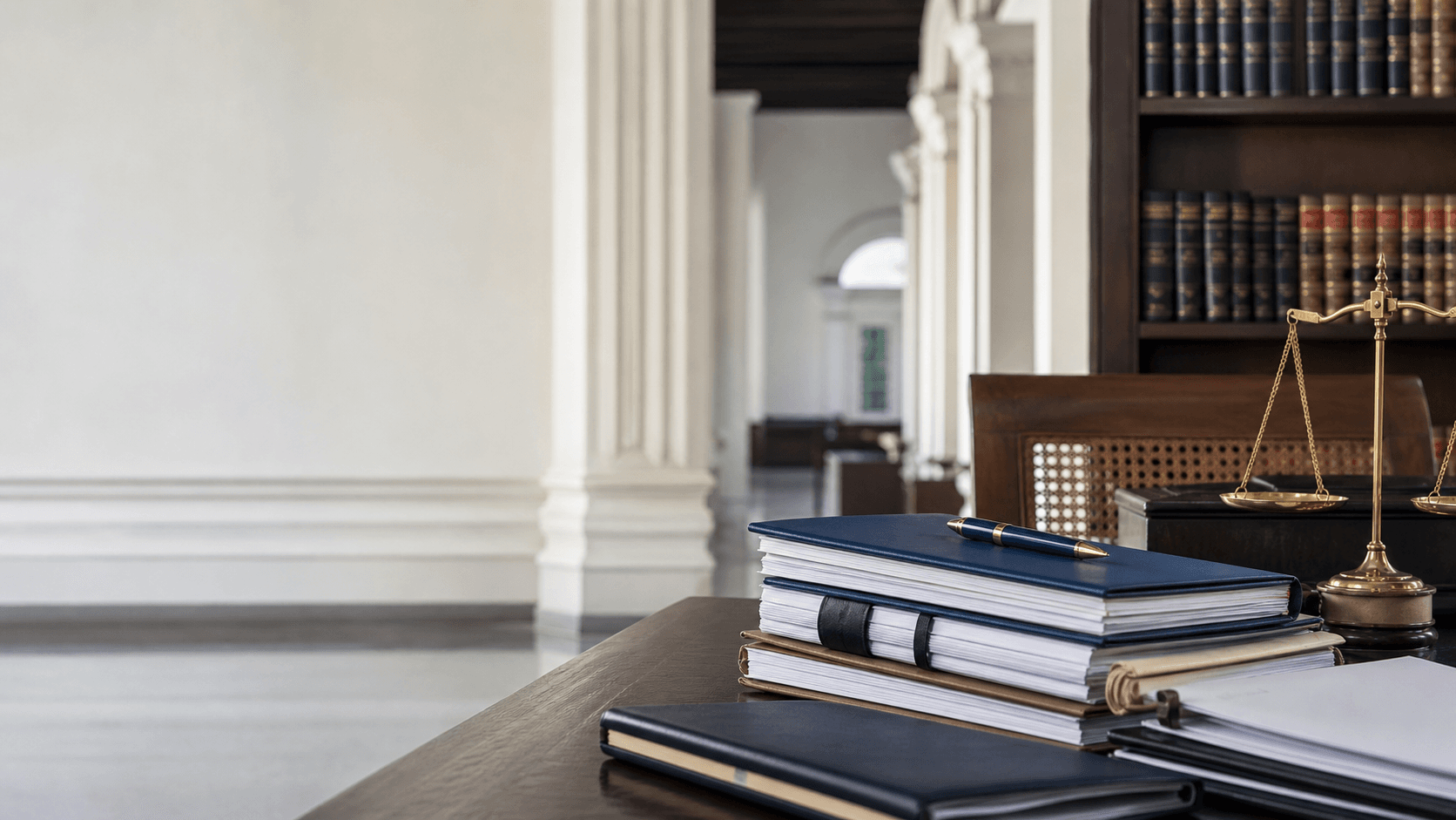 Case files, legal books and litigation papers arranged in a chamber